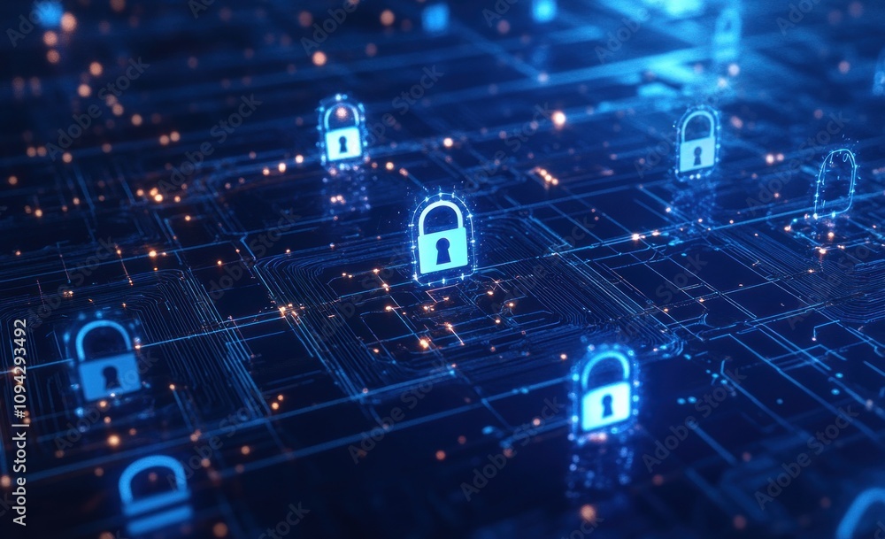 Aufkleber abstract digital network security concept with glowing padlock icons on circuit board.