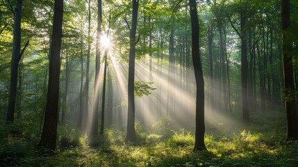 Sun Rays in Misty Forest  Magical Sunlight Through Trees