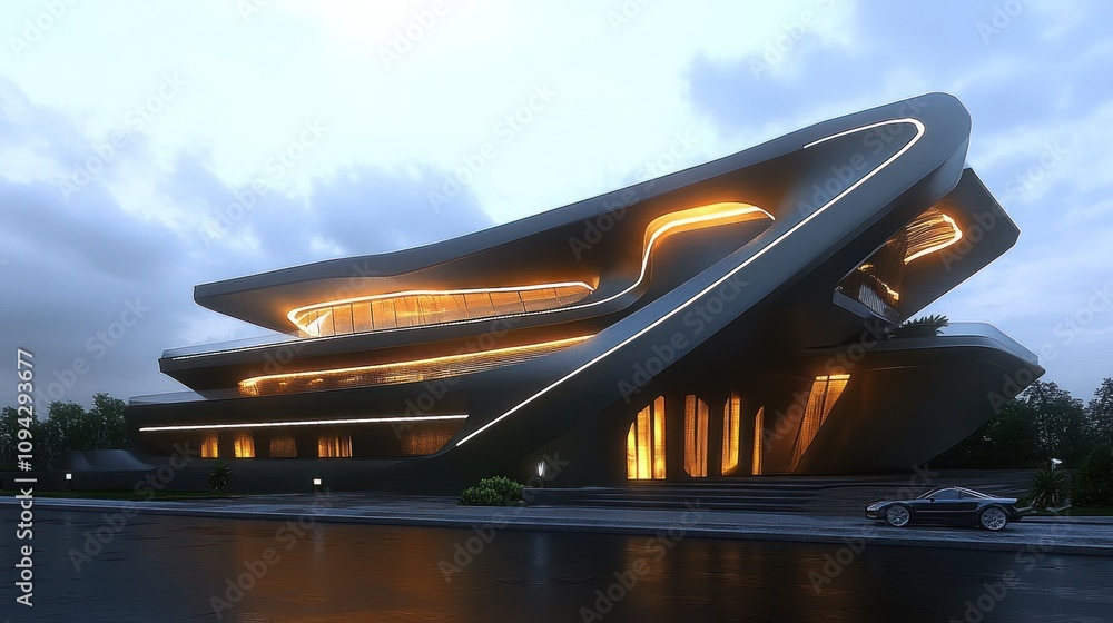 Poster a modern architectural structure with dynamic shapes and illuminated details.