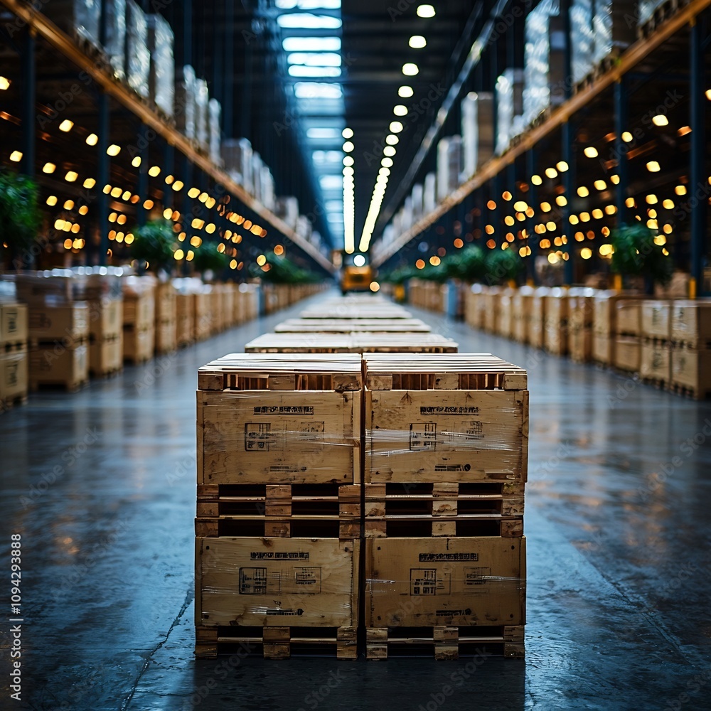 Poster warehouse distribution center with crates and forklift in the background