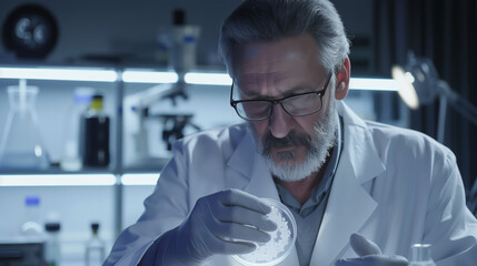 Scientist in lab coat meticulously examining petri dish with cells, symbolizing groundbreaking longevity research in a modern laboratory setting