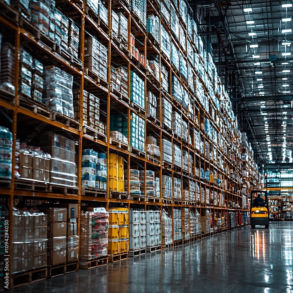 Poster stacks of wholesale crates in distribution center with forklift in the background