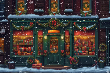 Obraz premium Festive Christmas storefront with twinkling lights and vibrant holiday decorations