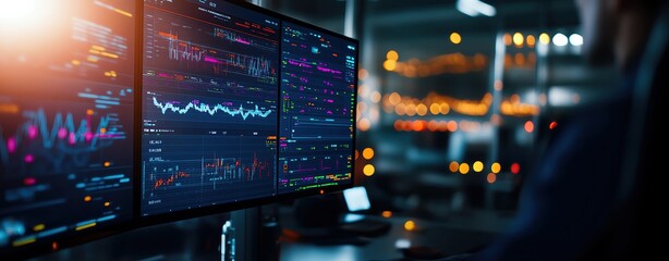Aviation A person analyzing financial data on multiple high-resolution screens in a modern workspace, showcasing advanced technology in use.