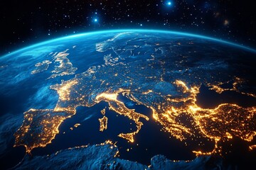 Earth at Night View of Europe with Illuminated City Lights and Mediterranean Landscape