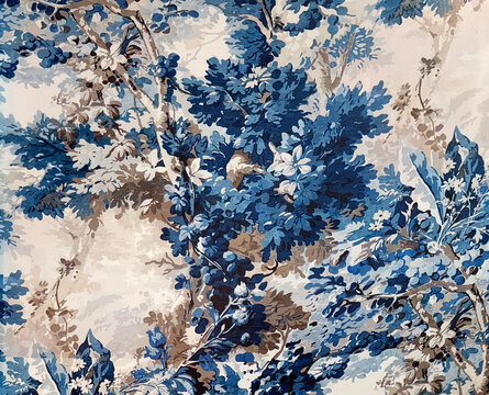 Fototapeta Random abstract blue floral and tree leaves illustration  with soft palette colors background. Shades of blue foliage leaves and brown tree branch classic illustration mural art texture.