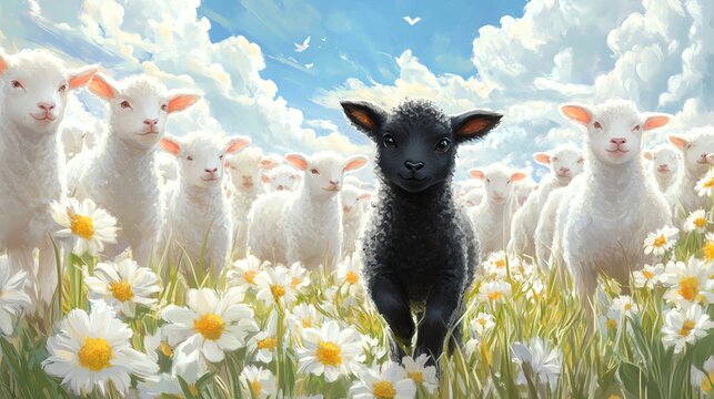 A captivating scene of a black sheep surrounded by white sheep in a field of daisies under a bright blue sky.