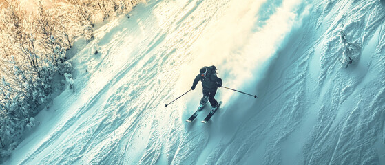 Skiing through pristine powder snow under bright daylight, capturing dynamic movement in breathtaking mountain scenery