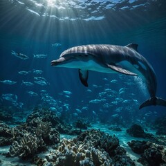 Obraz premium Underwater Dolphin with Bioluminescent Shells: A glowing underwater scene where the dolphin swims near shells emitting soft light.