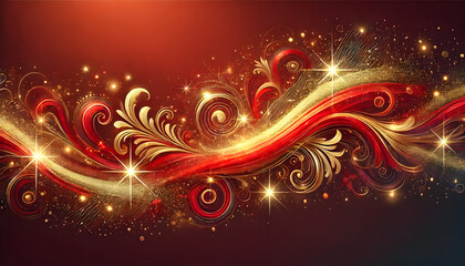 赤と金の華やかなグラデーション背景、煌めくパーティクルと優雅な流線デザイン

