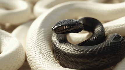 Fototapeta premium A captivating close-up of a black snake among white snakes, showcasing the beauty and diversity of reptile species.