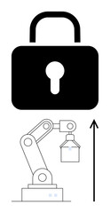 Lock and robotic arm with arrow. Ideal for technology, security, automation, industry, progress, innovation, protection Line metaphor