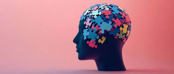 Colorful Puzzle Pieces Forming a Human Head, Representing the Complexity of the Mind