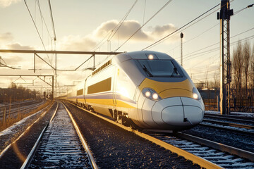 Naklejka premium Dynamic motion of a high-speed train gliding through twilight, showcasing a sleek design and cinematic beauty against a vibrant sunset