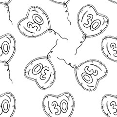 Seamless pattern of balloon  in shape of heart with number  thirty in center in outline style