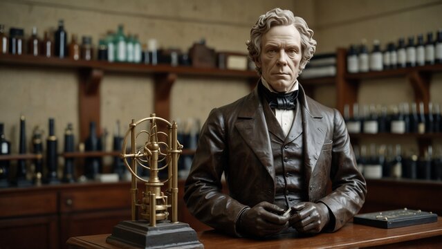 Statue of Michael Faraday: Faraday holding an electromagnet, standing in a laboratory, with scientific devices and diagrams of electromagnetism in the background.