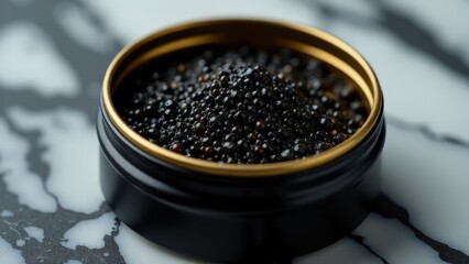 An exclusive presentation of beluga's almas caviar, set against a marble surface with subtle lighting enhancing its glossy texture.