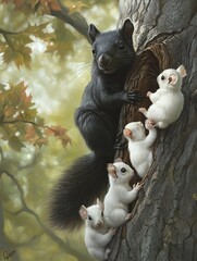 A black squirrel with three white squirrels near its nest in a tree, surrounded by autumn leaves.