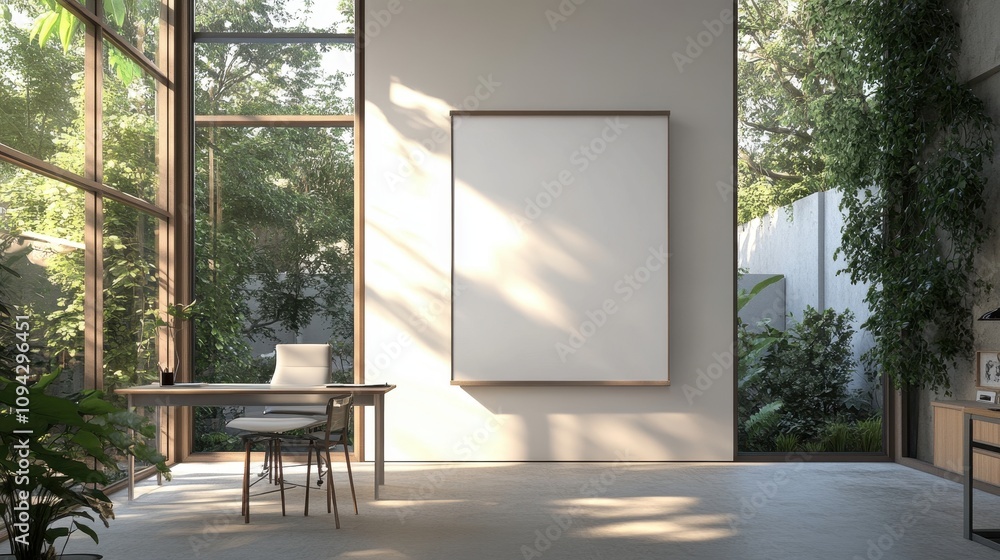Aufkleber a minimalistic workspace with natural light and greenery, featuring an empty canvas.