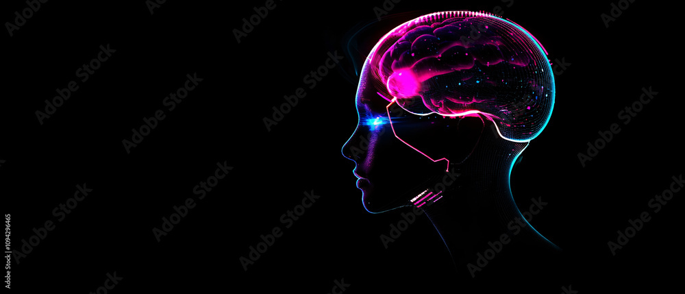 Poster abstract profile of a woman with illuminated brain, representing artificial intelligence and technol