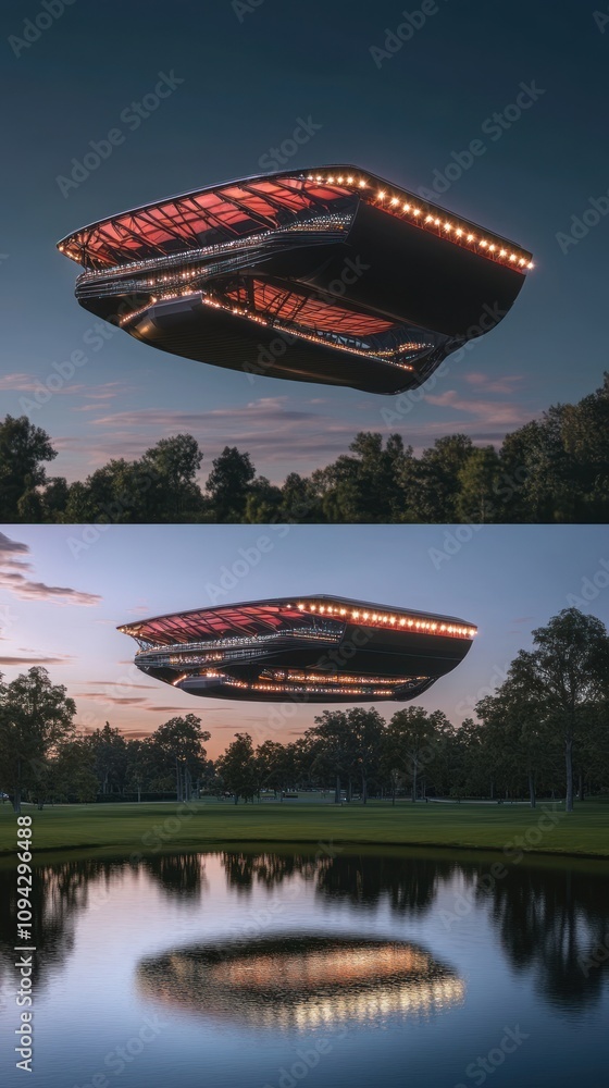Poster a futuristic flying object hovering above a serene landscape with a reflective water surface.