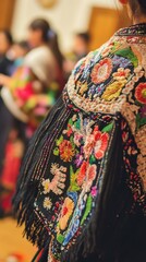 Obraz premium The intricate stitching of a Chilean dress highlights craftsmanship at a lively dance event