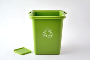  A green plastic square trash can and an eco-friendly symbol on it, set against a white background.