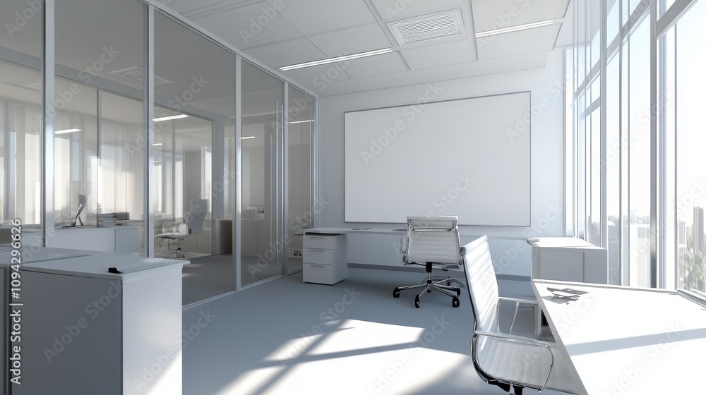 Poster modern office space with glass partitions and large windows for a bright work environment.