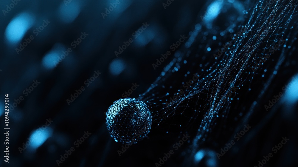 Poster abstract digital sphere connected by glowing lines on dark background.