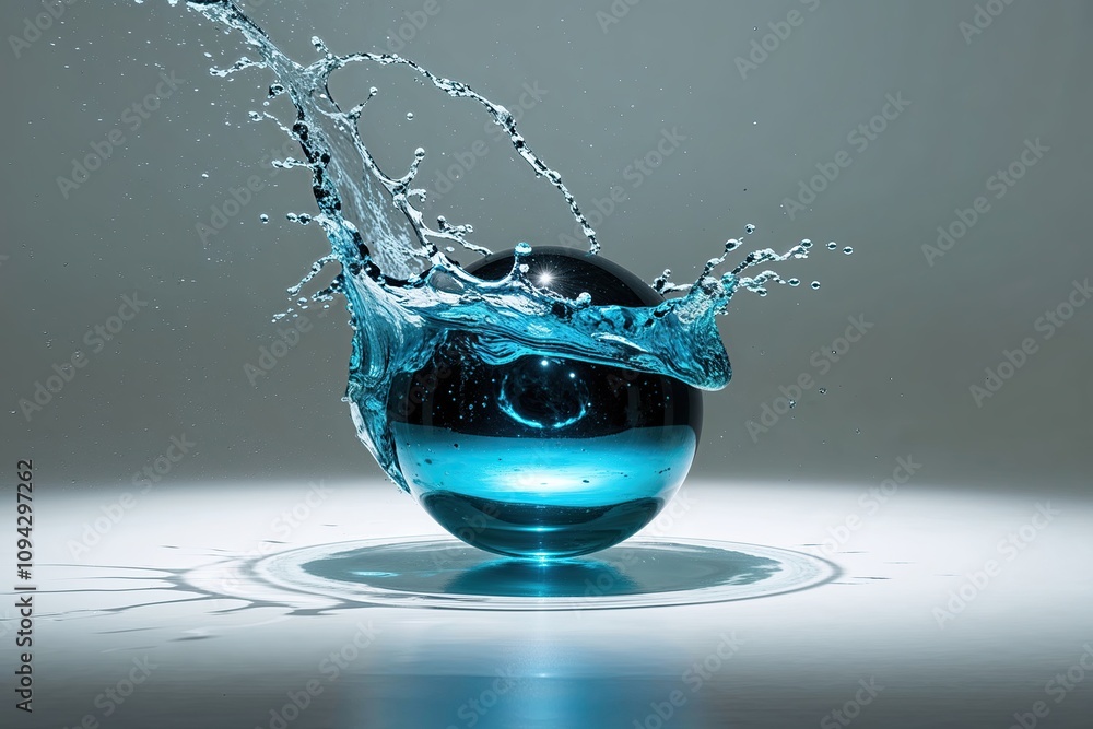 Poster luminous hydro orb splashing in a perfect sphere on a clean white background 3d visualization