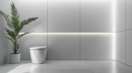 Fototapeta premium A minimalist bathroom featuring a toilet and a decorative plant in a sleek, modern design.