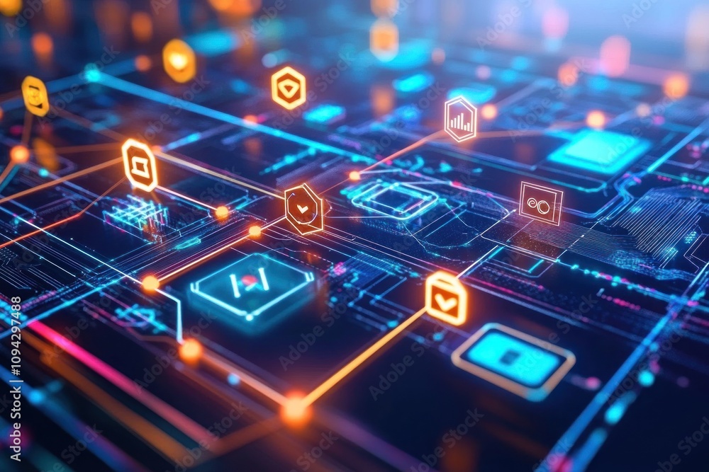 Aufkleber abstract digital technology network with glowing icons and circuit board design.