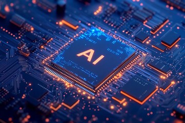 Obraz premium Advanced ai microchip technology in blue and orange circuit board design.