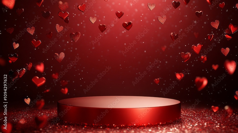 Poster a red stage with a red backdrop and a red podium