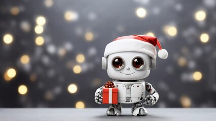 A cute little Santa robot who smiles against the background of a side with a gift in his hands. The concept of New Year and Christmas
