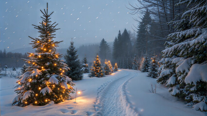 Christmas trees with lights lining a snowy path in a tranquil winter forest, The concept of Christmas and holiday

