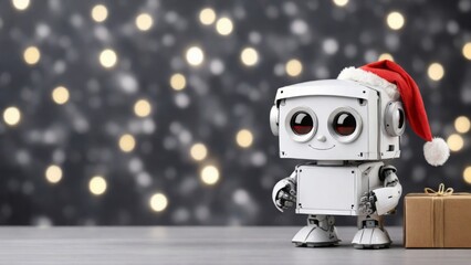 A cute little Santa robot that smiles against the background of the side. The concept of New Year and Christmas
