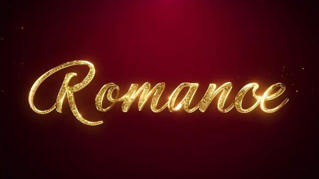 Creating a luxurious and romantic atmosphere, this static video features the word "Romance" in elegant gold script on a deep red background with subtle glitter effects