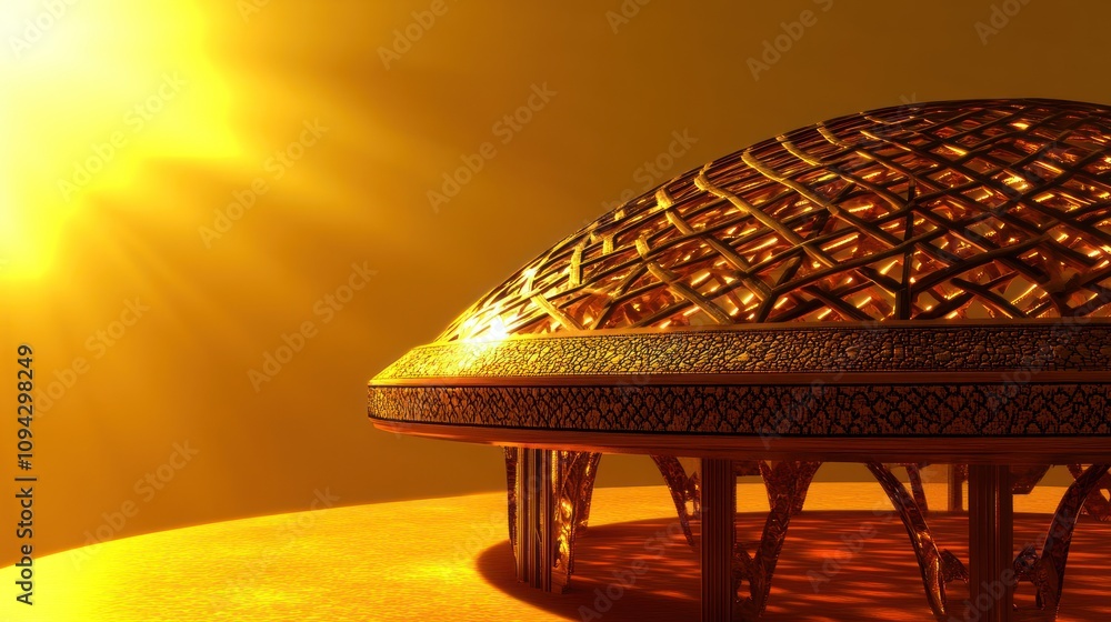 Poster a futuristic dome structure illuminated by sunlight, showcasing intricate design and architecture.