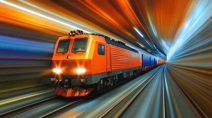 Fototapeta premium A vibrant, dynamic image of a train speeding through a tunnel, showcasing motion and energy.