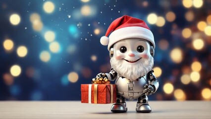 Obraz premium A cute little Santa robot who smiles against the background of a side with a gift in his hands. The concept of New Year and Christmas 