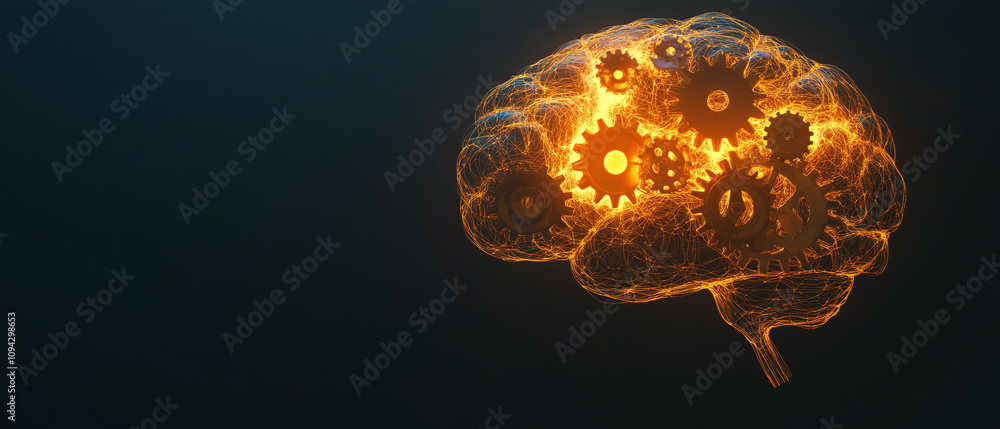Poster abstract glowing brain with interlocking gears, cognitive process concept