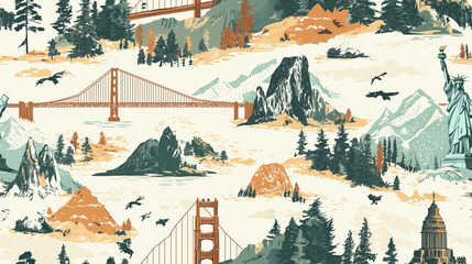 A scenic painting of the Golden Gate Bridge and the surrounding mountains