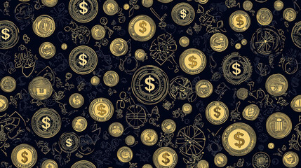 A pattern of gold and black coins with the word "money" on them