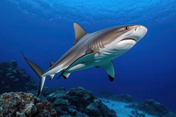 Obraz premium Incredible Hammerhead Shark Showcasing Distinctive Characteristics in Vibrant Underwater Habitat