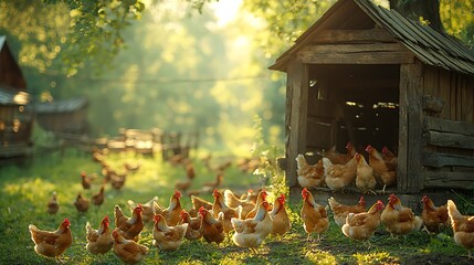 Golden Hens Freely Roam Farm Coop at Dawn, Idyllic Rural Sunrise Scene with Lush Greenery