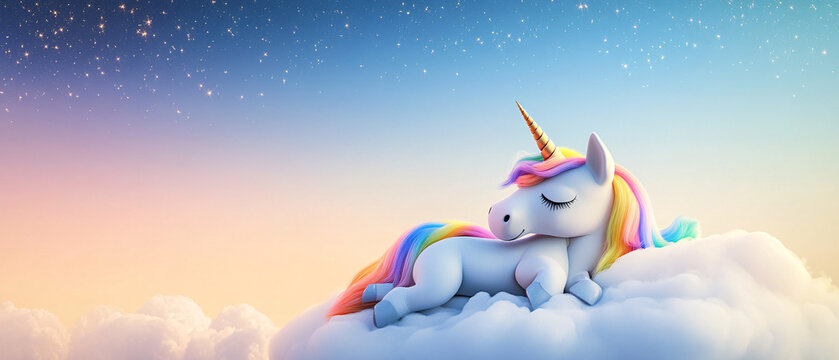 Magical Rainbow Unicorn Sleeping Peacefully on a Cloud at Sunset