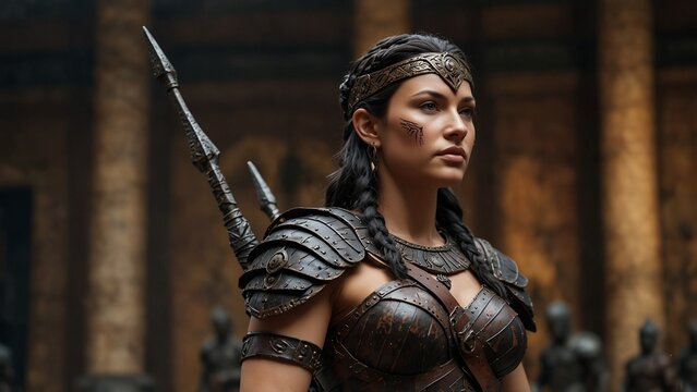 Statue of an Amazon Warrior: An Amazon warrior dressed in leather armor, holding a spear, with scenes of ancient wars and the bravery of female warriors in the background.
