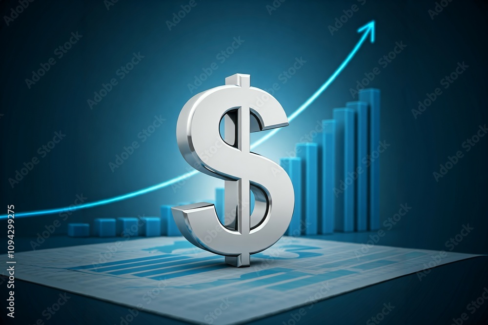 Poster 3d rendering of a silver dollar sign with an upward arrow and bar graphs on a blue background.