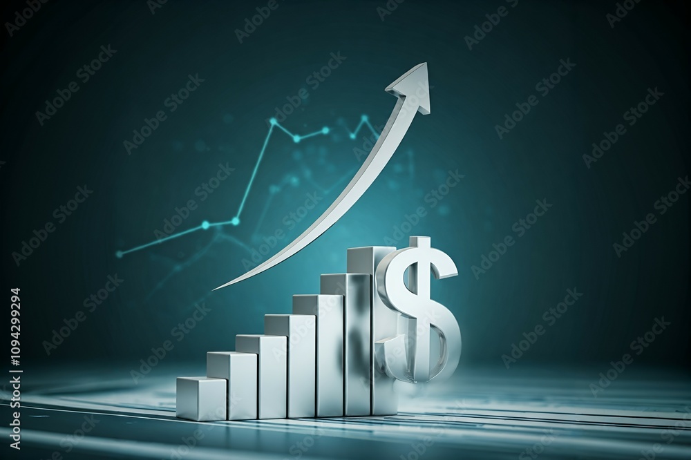 Poster increasing bar graph with an upward arrow and a dollar sign symbolizing financial growth.